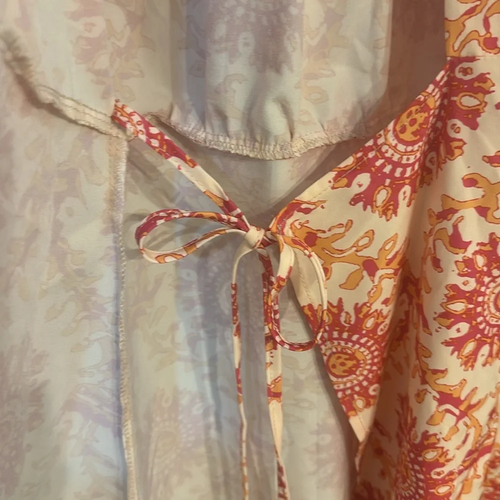 Shein soft butter yellow with orange and hot pink designs wrap dress. Size large - Picture 3 of 5